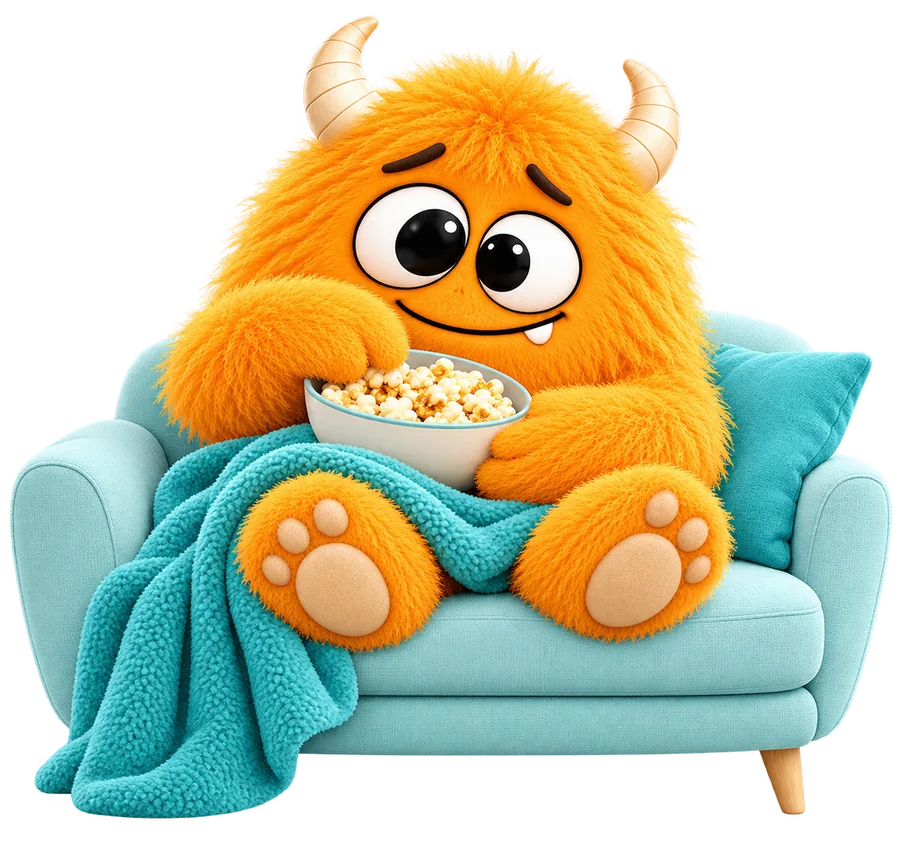 Monster auf dem Sofa mit einer Snackschale