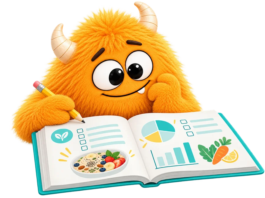 Monster schaut in ein aufgeschlagenes persönliches Workbook