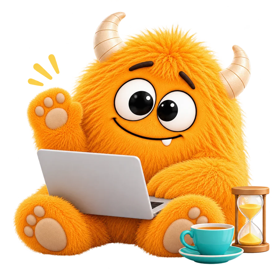 Monster winkt freundlich vor einem Laptop