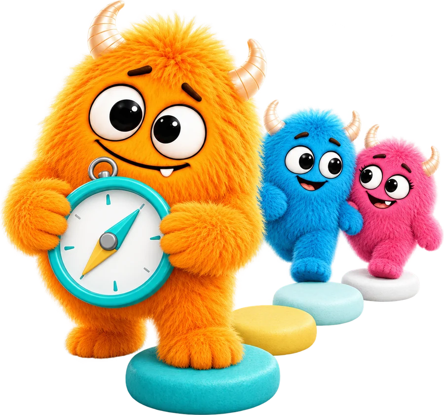 Monster mit Kompass geht mit zwei anderen Monstern einen Weg